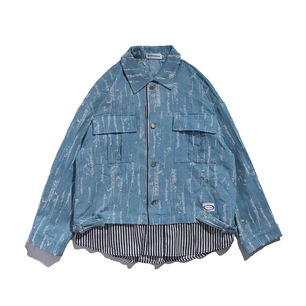 Men Denim Coat Jean Jackets Retro Style Worn-out Denim Jacket Men's Loose Lapels Shirt Stitching False Two-Piece Jackets