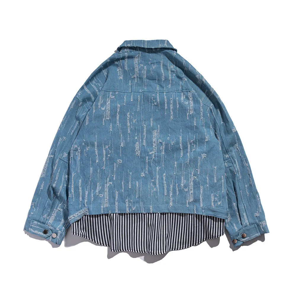 Men Denim Coat Jean Jackets Retro Style Worn-out Denim Jacket Men's Loose Lapels Shirt Stitching False Two-Piece Jackets