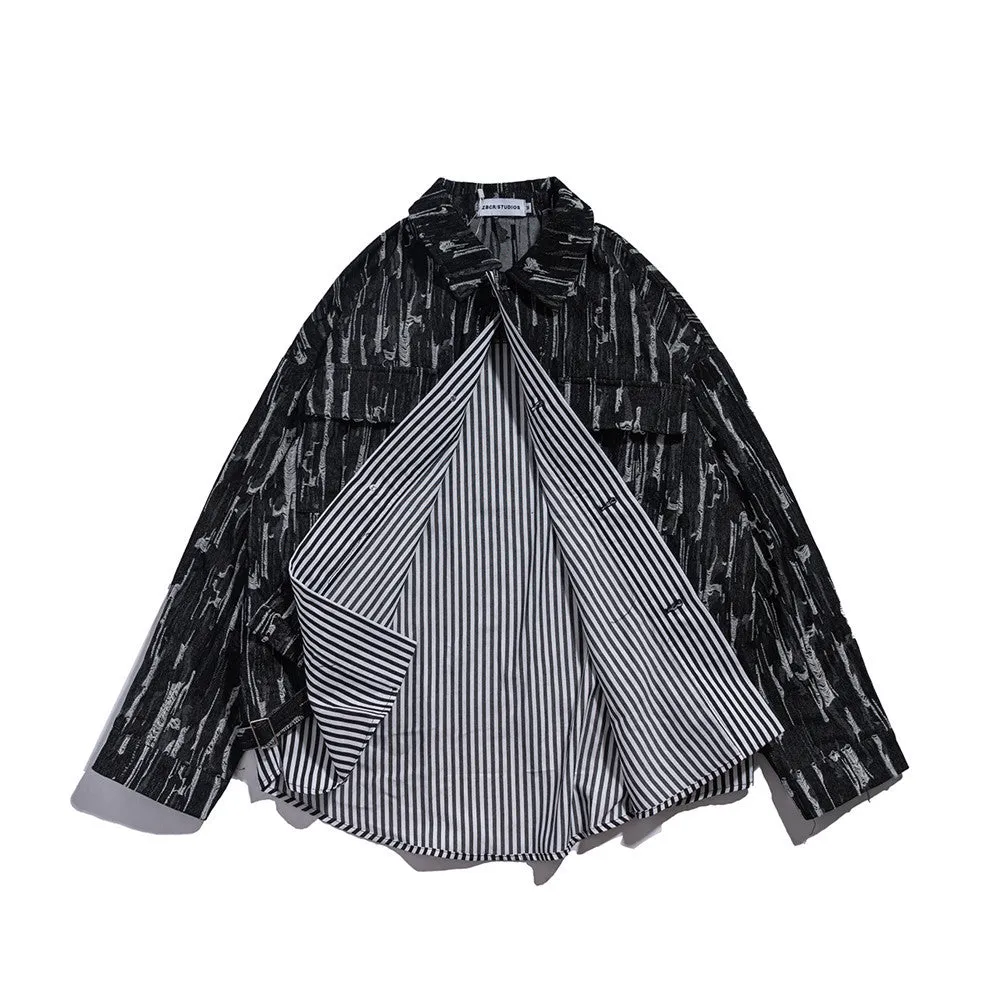 Men Denim Coat Jean Jackets Retro Style Worn-out Denim Jacket Men's Loose Lapels Shirt Stitching False Two-Piece Jackets