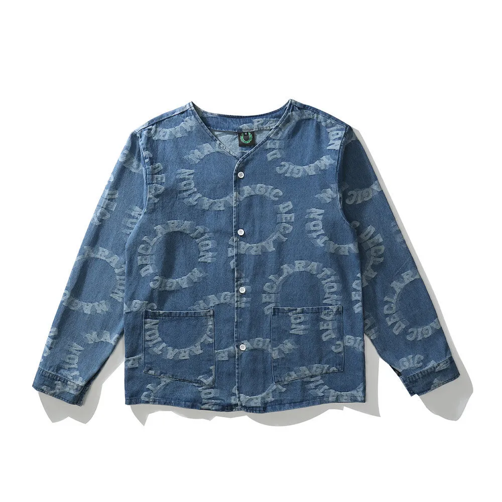 Men Denim Coat Jean Jackets Washed Letters Patterned Denim Jacket Men Loose Street Collarless Jacket Denim Coat