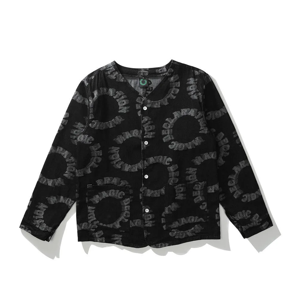 Men Denim Coat Jean Jackets Washed Letters Patterned Denim Jacket Men Loose Street Collarless Jacket Denim Coat