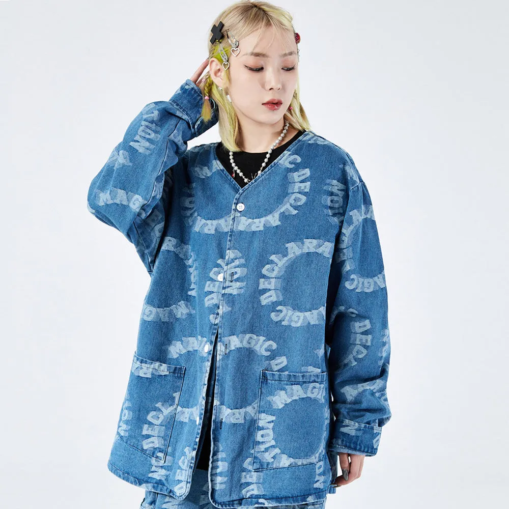 Men Denim Coat Jean Jackets Washed Letters Patterned Denim Jacket Men Loose Street Collarless Jacket Denim Coat