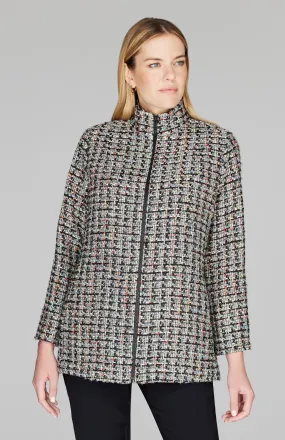Metallic Confetti Tweed High Neck Zip Front Coat