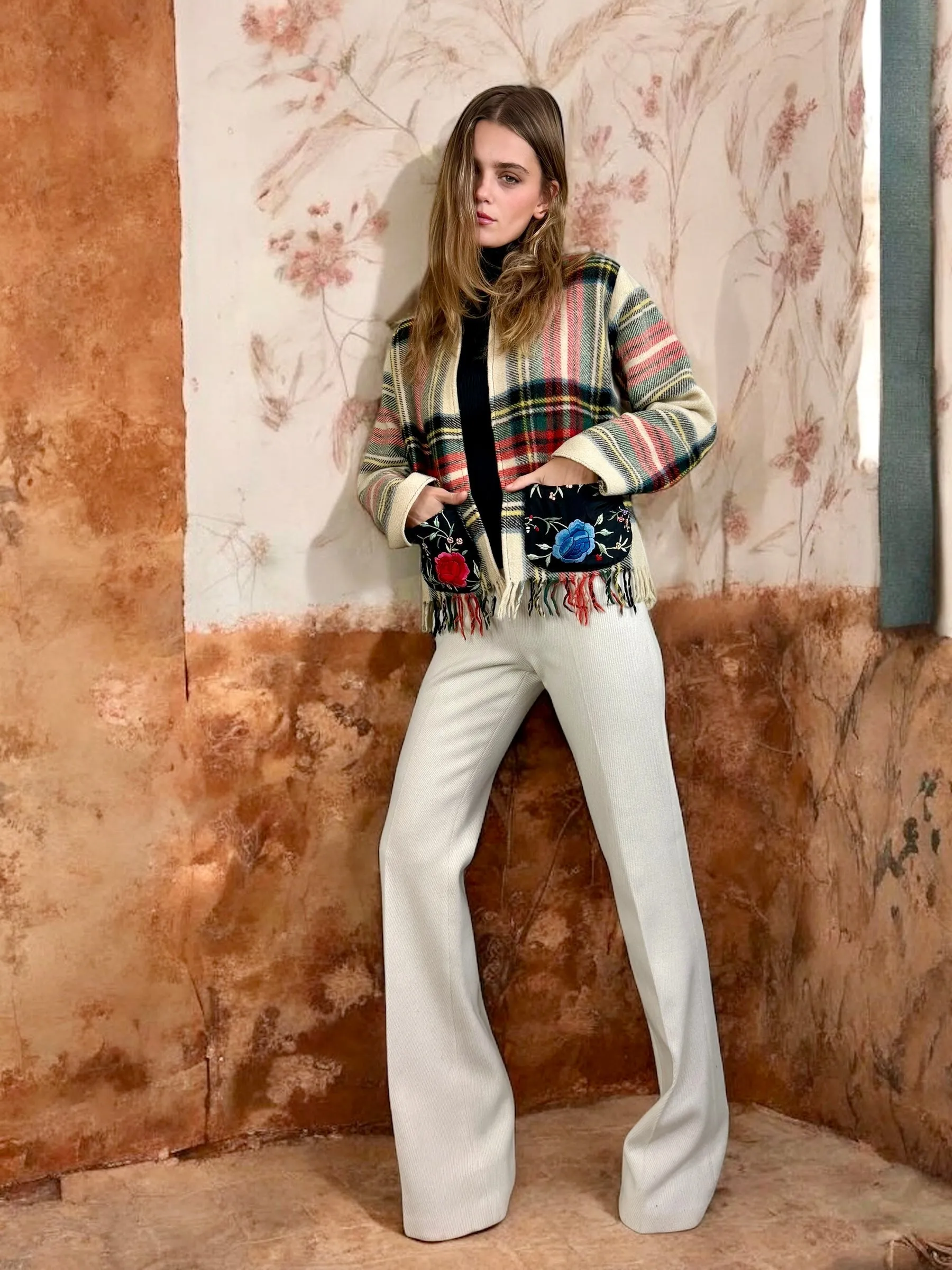 Oura, 70s plaid jacket with silk embroidery