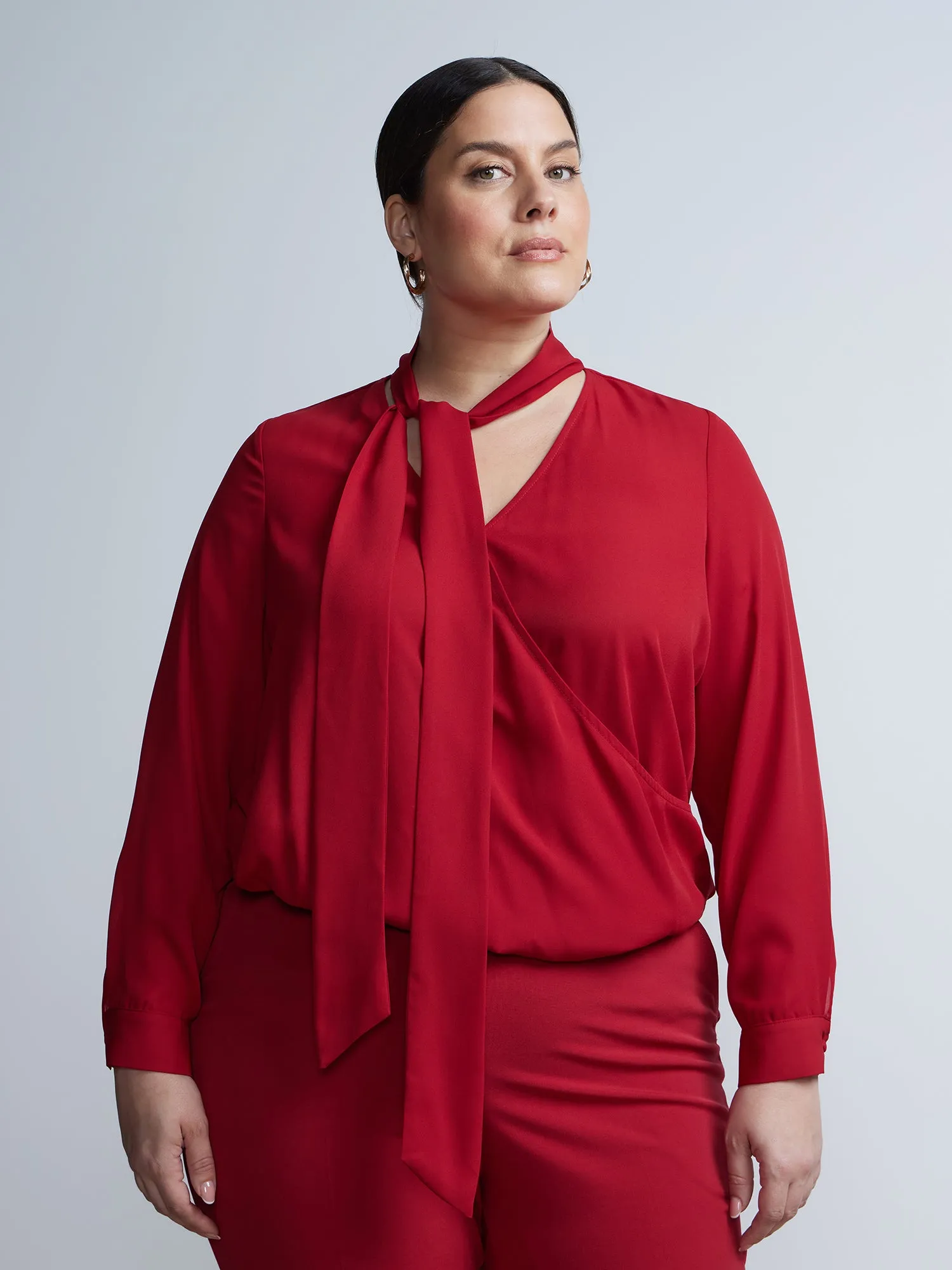 Plus Surplice Tie Neck Blouse