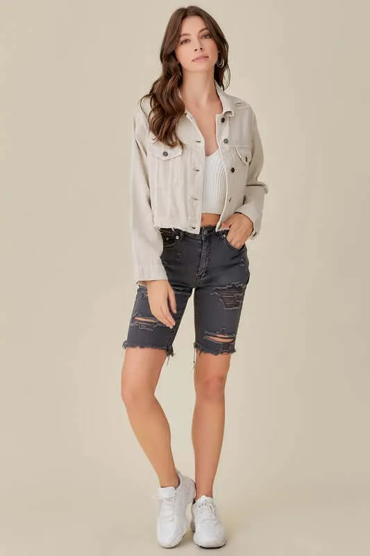 Stone Washed Cropped Denim Jacket