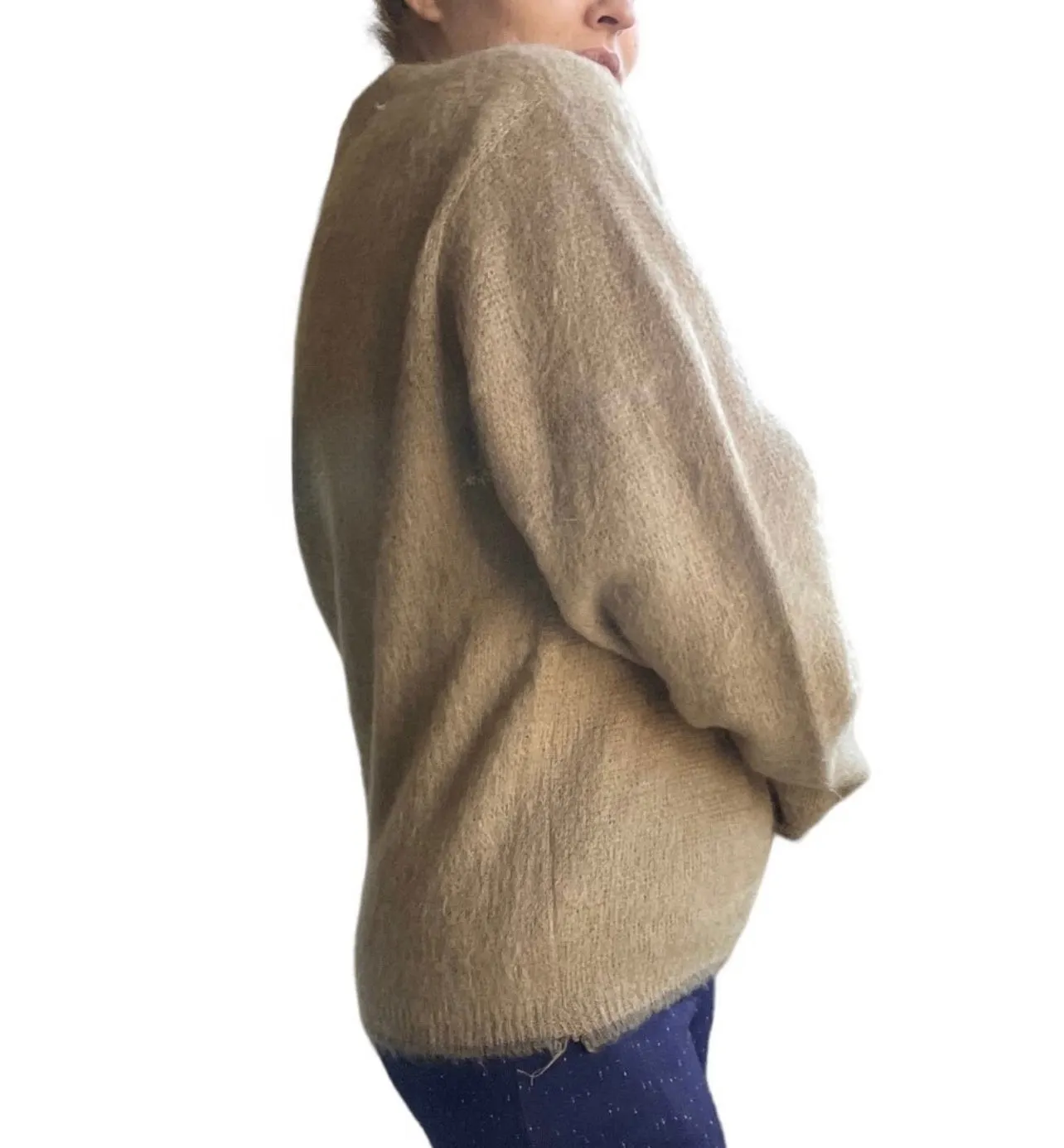Vintage 1960s Olive Shaggy Sweater, Mohair Blend (L)