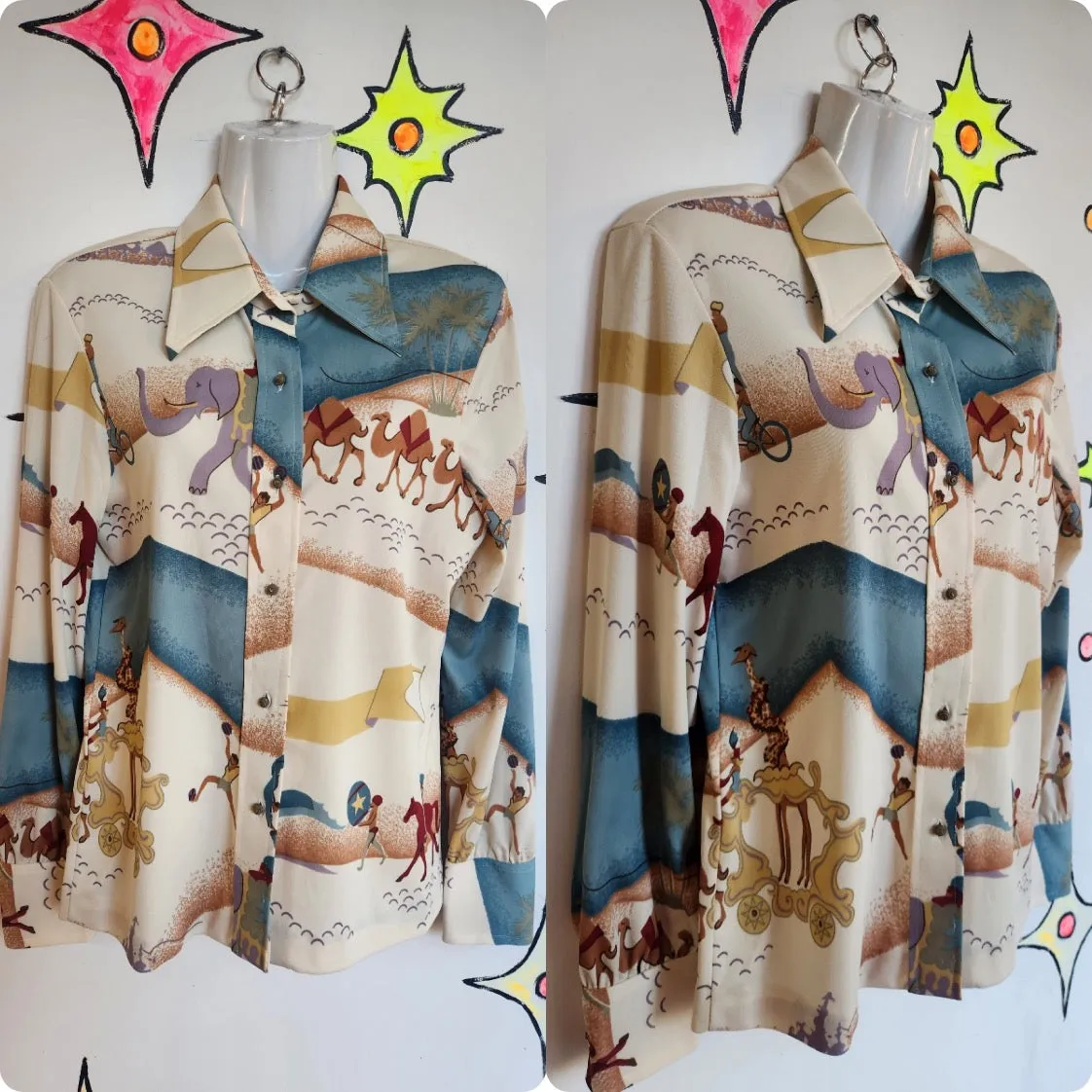 Vintage 70s | Groovy Artwear Disco Polyester Dagger Collar Shirt | M L