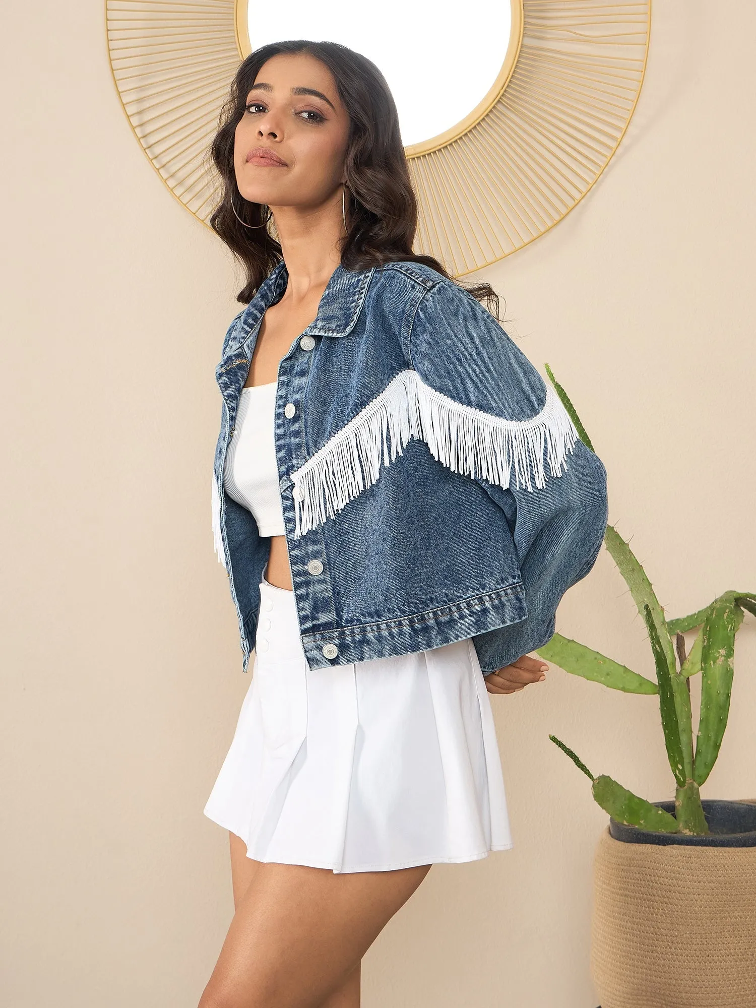 Women's Blue & White Denim Fringe Jacket - Stylestone