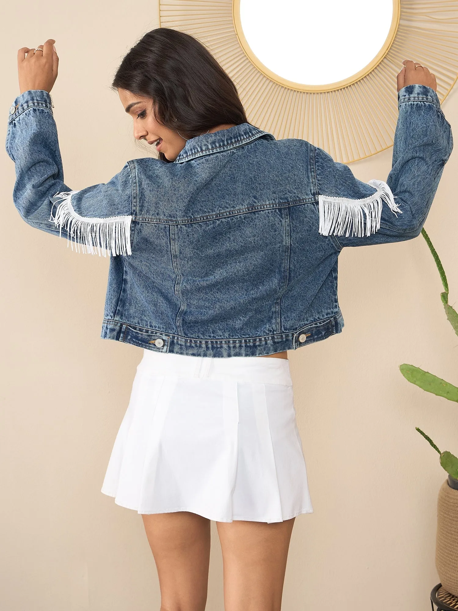 Women's Blue & White Denim Fringe Jacket - Stylestone
