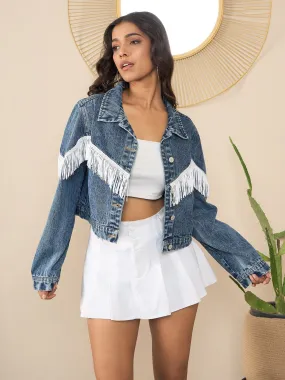 Women's Blue & White Denim Fringe Jacket - Stylestone