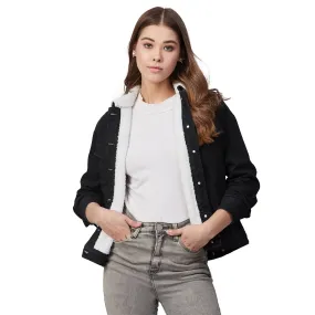 Women's Denim Jacket With Soft Warm Faux Fur Lining Inside-Black -Stylestone