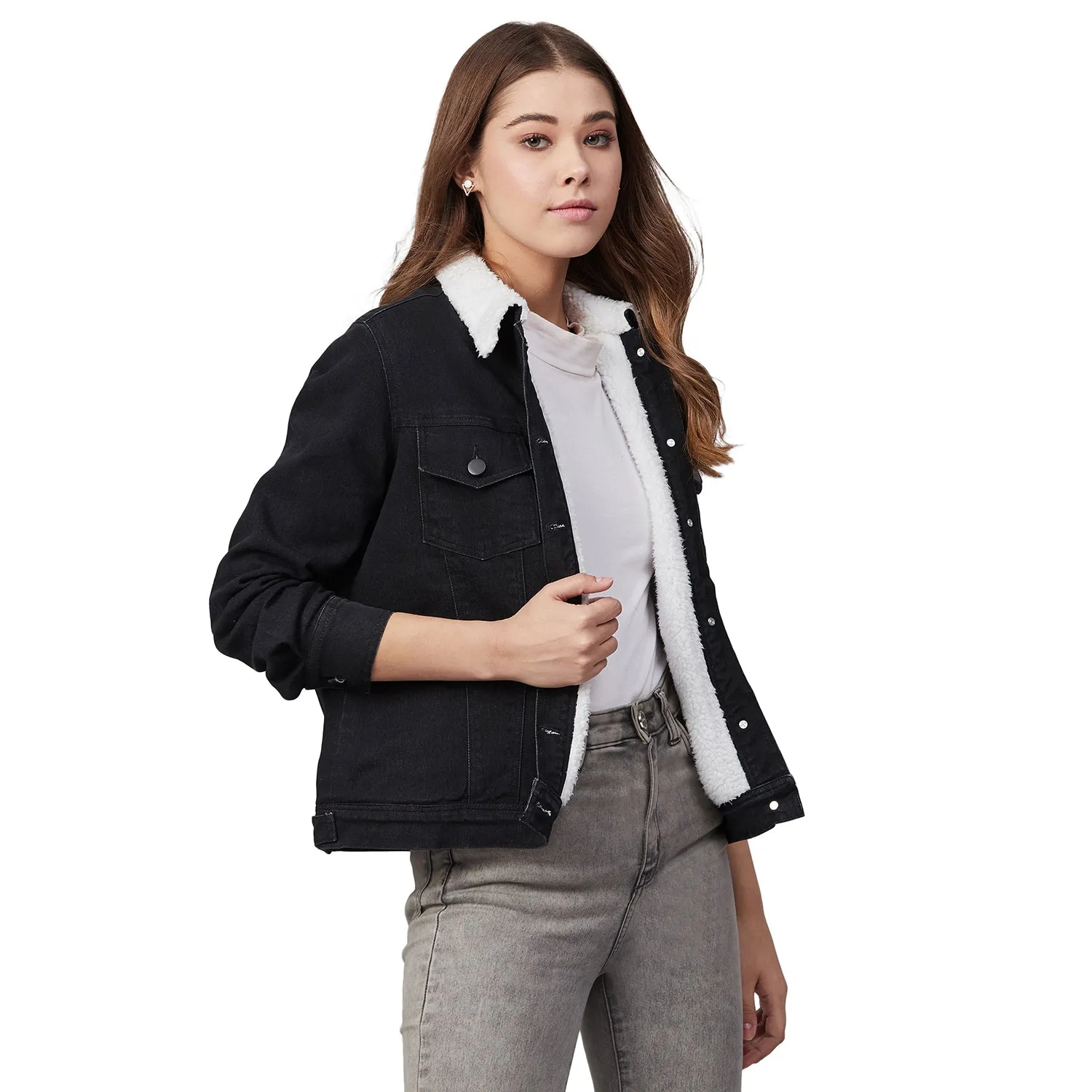 Women's Denim Jacket With Soft Warm Faux Fur Lining Inside-Black -Stylestone