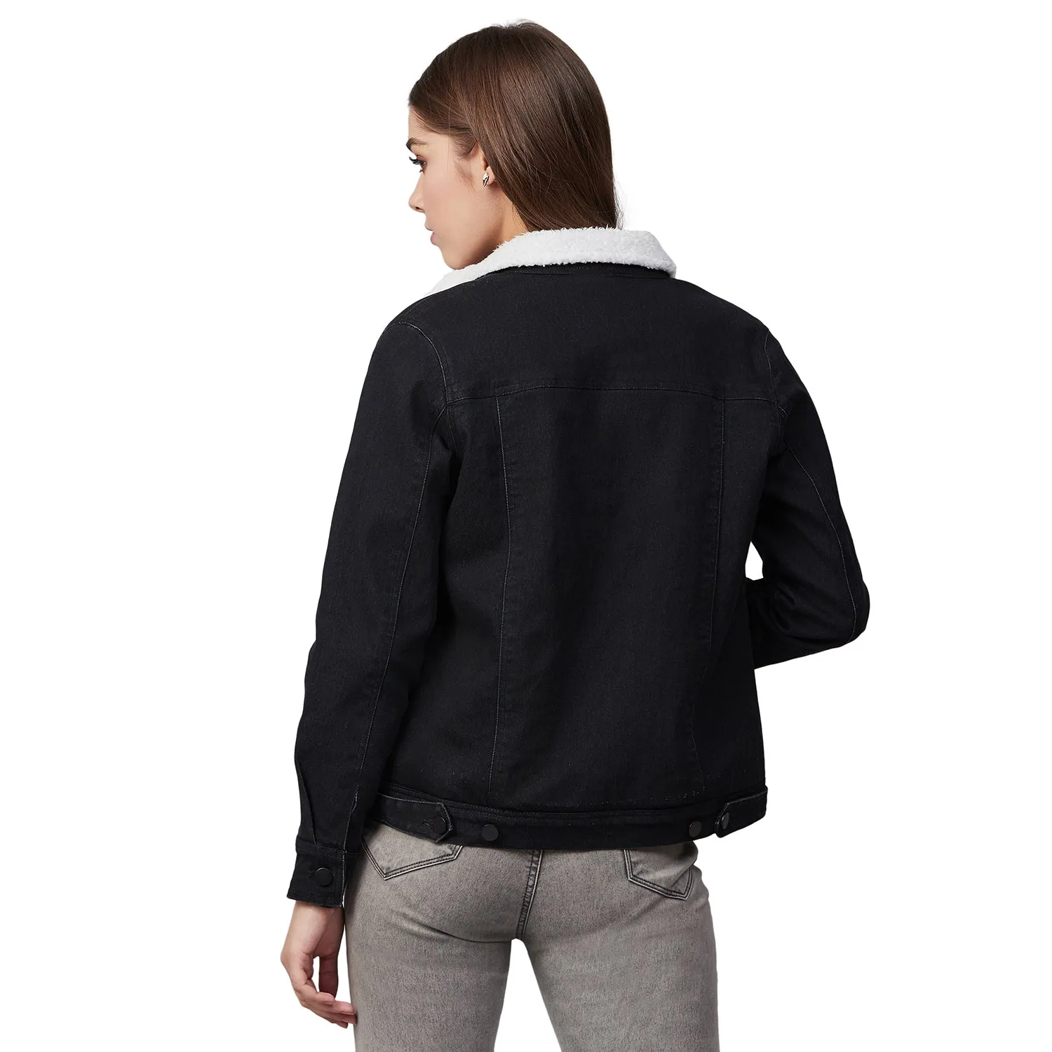 Women's Denim Jacket With Soft Warm Faux Fur Lining Inside-Black -Stylestone