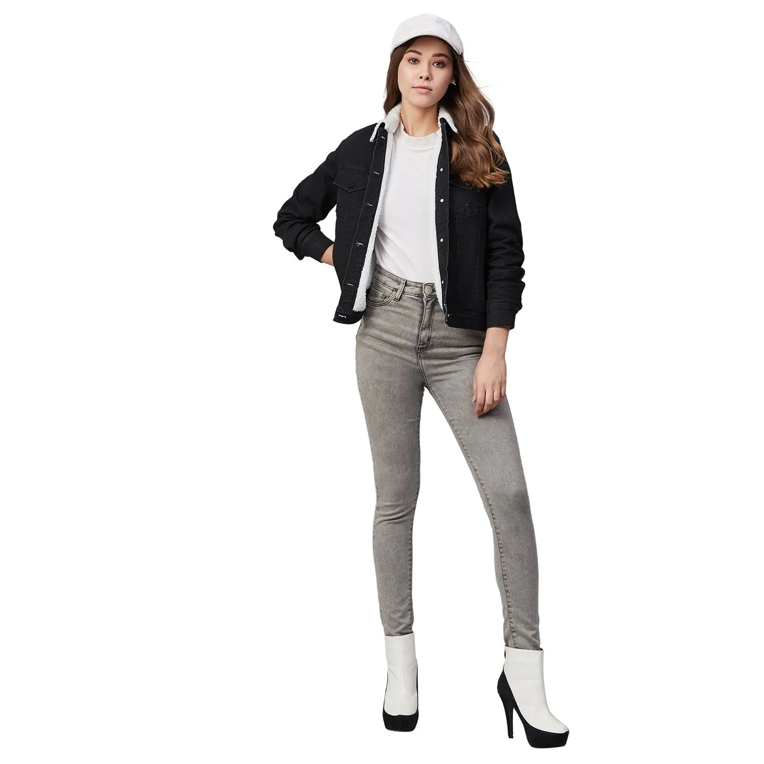 Women's Denim Jacket With Soft Warm Faux Fur Lining Inside-Black -Stylestone