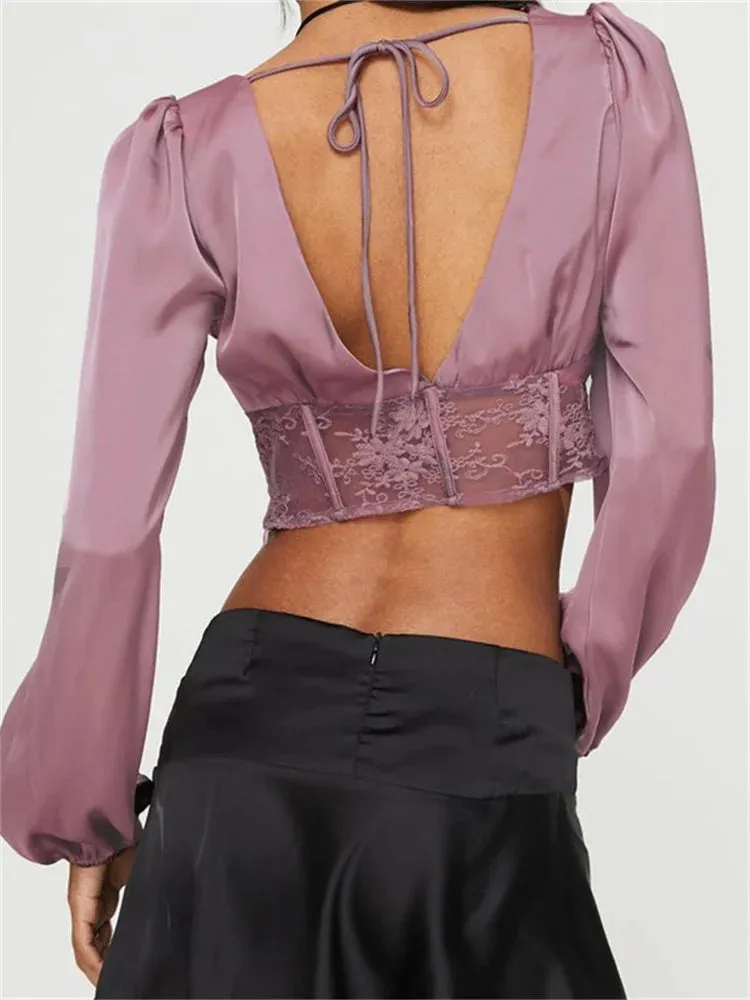 Women's Lace Patchwork See Through Long Sleeve Deep V Neck Floral Backless Tie-up Blouse
