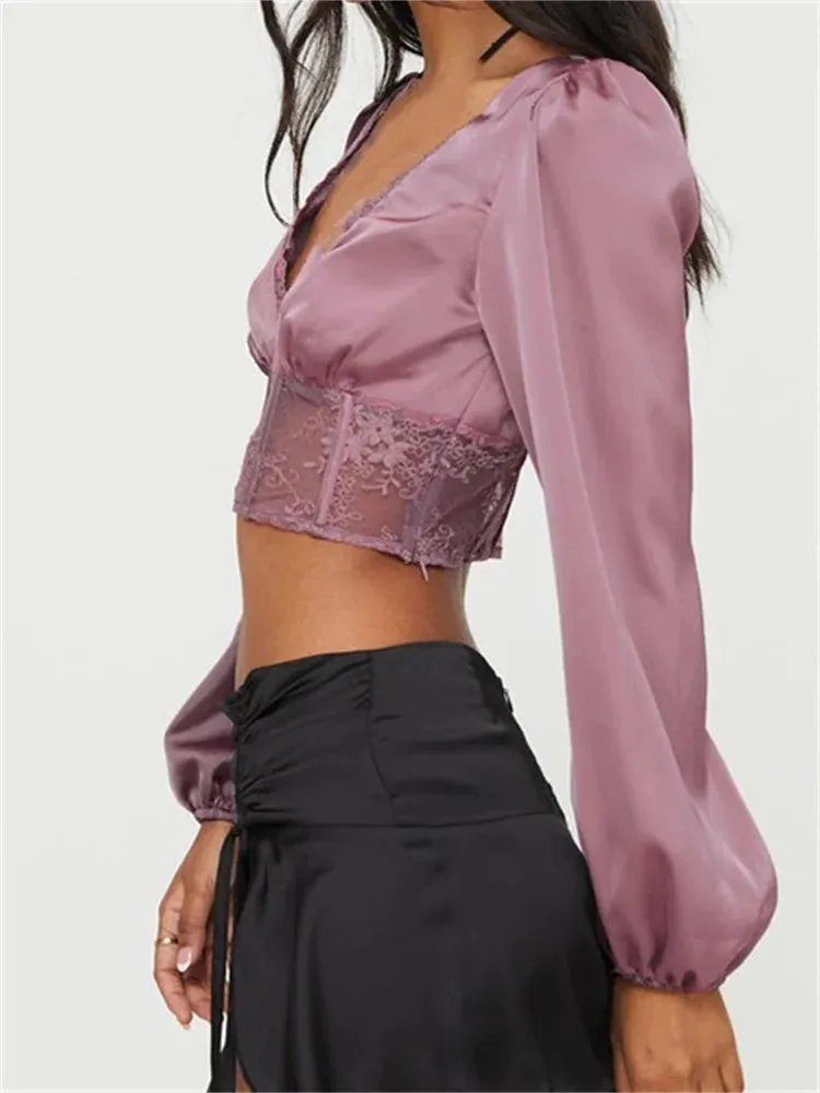 Women's Lace Patchwork See Through Long Sleeve Deep V Neck Floral Backless Tie-up Blouse