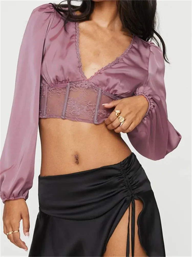 Women's Lace Patchwork See Through Long Sleeve Deep V Neck Floral Backless Tie-up Blouse