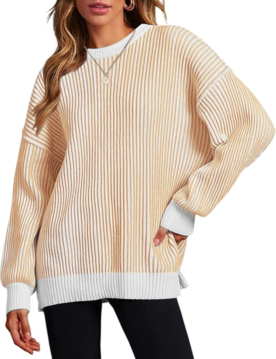 Zeagoo Women 2024 Fall Sweater Crew Neck Casual Long Sleeve Color Block Loose Pullover Rib Knit Blouse Tops XS-XXL